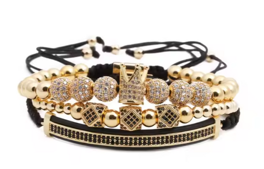 Set 3 brățări bărbătești placate cu aur 18K, coroană regală, zirconiu cubic, rezistente la apă