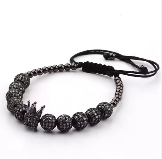 Brățară bărbătească reglabilă Black Edition, coroană și mărgele cu zirconiu cubic negru