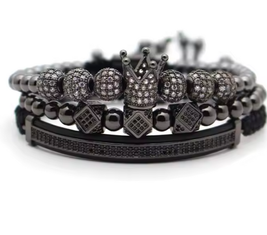 Set 3 brățări bărbătești Black Edition, coroană regală, zirconiu cubic, hematit