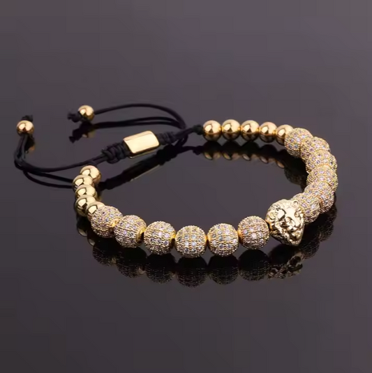Brățară reglabilă de bărbați placată cu aur 18K, cap de leu, zirconiu cubic