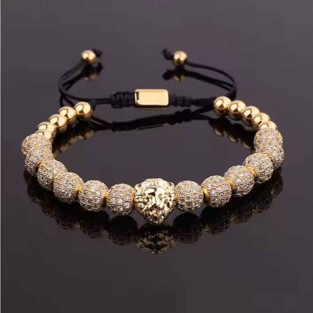 Brățară reglabilă de bărbați placată cu aur 18K, cap de leu, zirconiu cubic