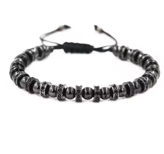 Brățară bărbătească reglabilă cu hematit și pietre zirconiu cubic negre, rezistentă la apă