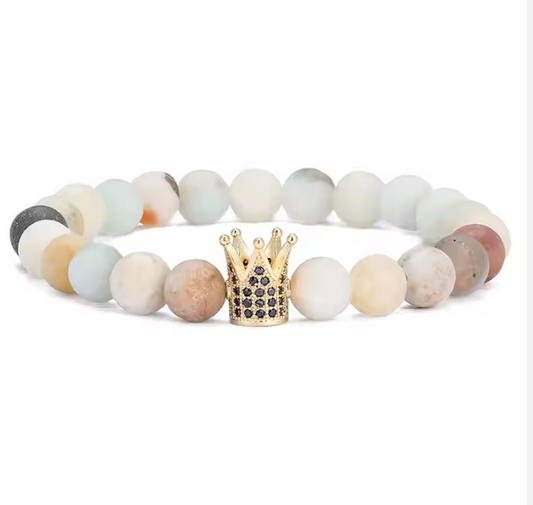 Brățară bărbătească elastică cu mărgele de amazonit, coroană placată cu aur 18K, pietre zirconiu cubic