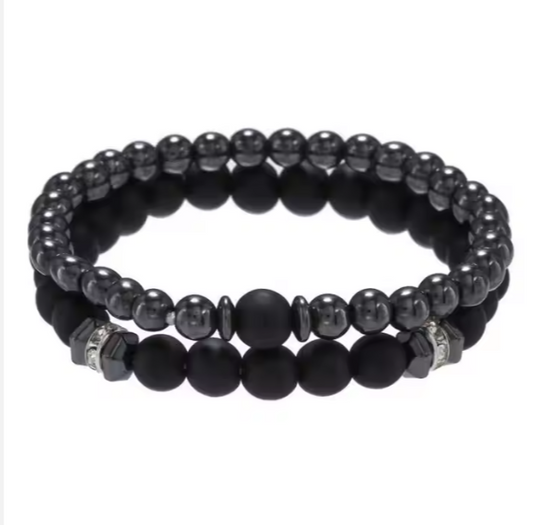 Set 2 brățări bărbătești elastice, hematit și onix mat, pietre zirconiu cubic